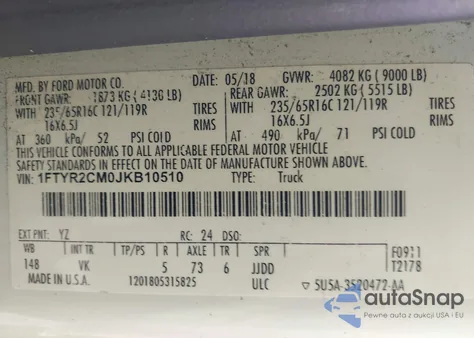 2018 Ford Transit T-250 from USA, damaged, VIN 1FTYR2CM0JKB10510